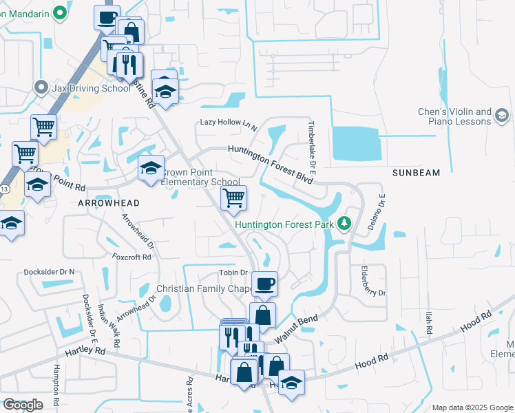 map of restaurants, bars, coffee shops, grocery stores, and more near 4146 Hanging Moss Court in Jacksonville