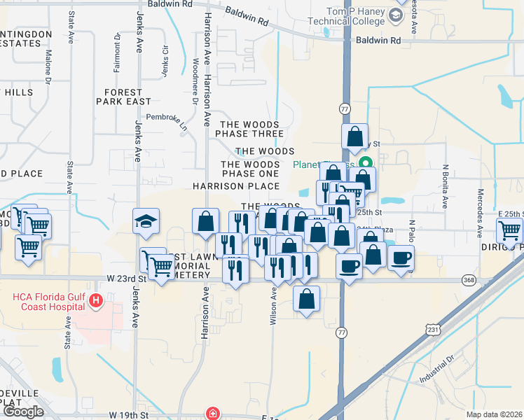 map of restaurants, bars, coffee shops, grocery stores, and more near 500-502 Parkwood Dr in Panama City