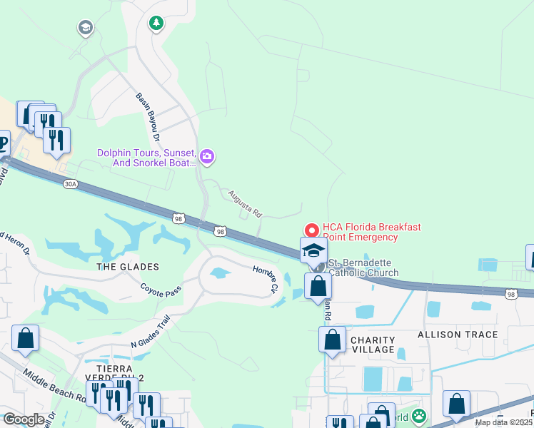 map of restaurants, bars, coffee shops, grocery stores, and more near 600 Augusta Road in Panama City Beach