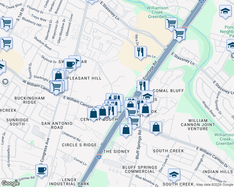 map of restaurants, bars, coffee shops, grocery stores, and more near 814 North Bluff Drive in Austin