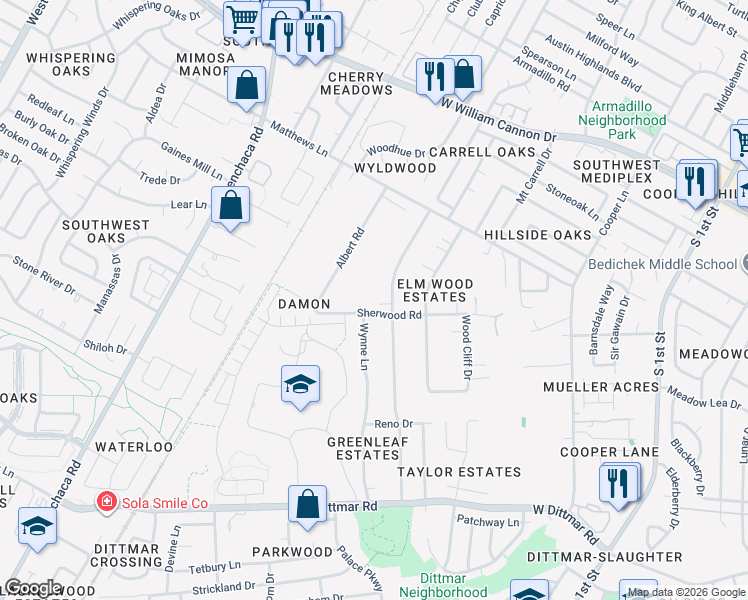 map of restaurants, bars, coffee shops, grocery stores, and more near 7402 Forest Wood Road in Austin