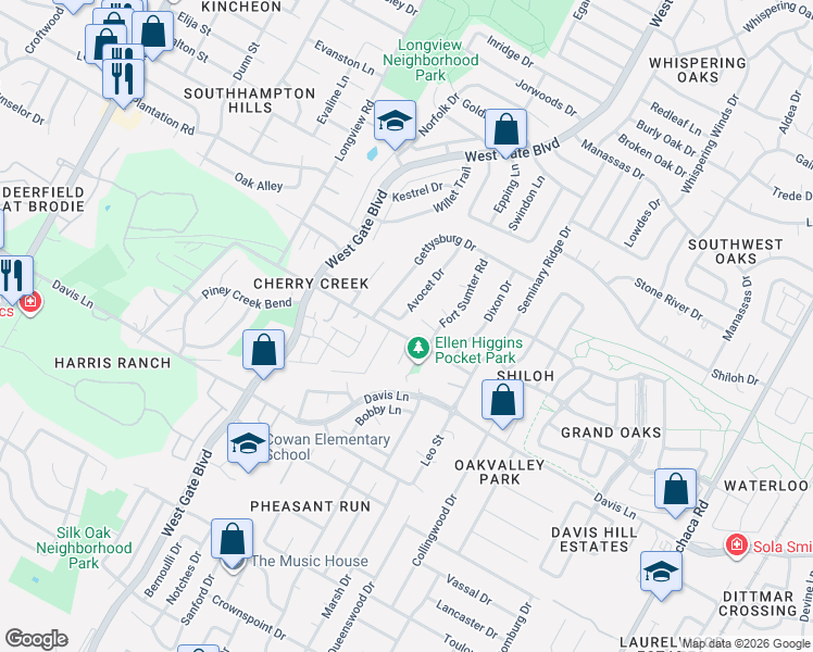 map of restaurants, bars, coffee shops, grocery stores, and more near 8407 Avocet Drive in Austin