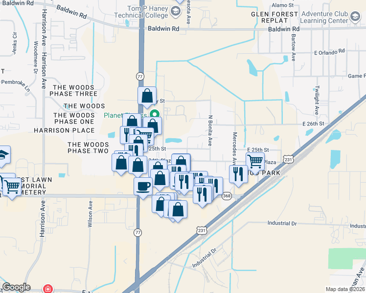 map of restaurants, bars, coffee shops, grocery stores, and more near 903 East 25th Street in Panama City