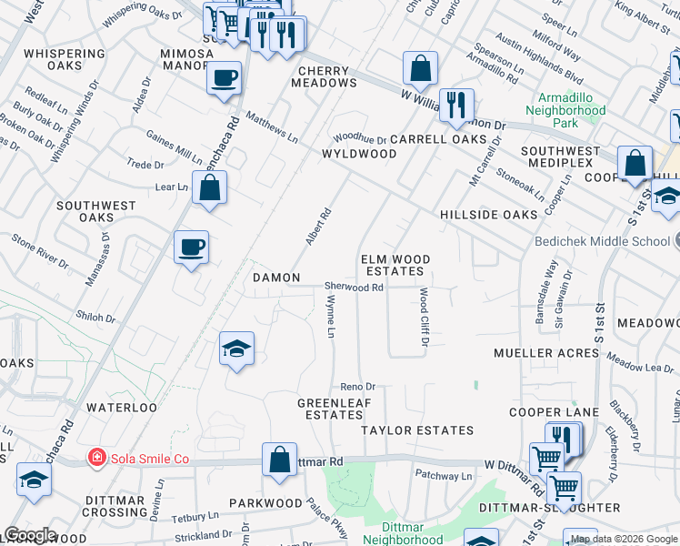 map of restaurants, bars, coffee shops, grocery stores, and more near 7402 Forest Wood Road in Austin