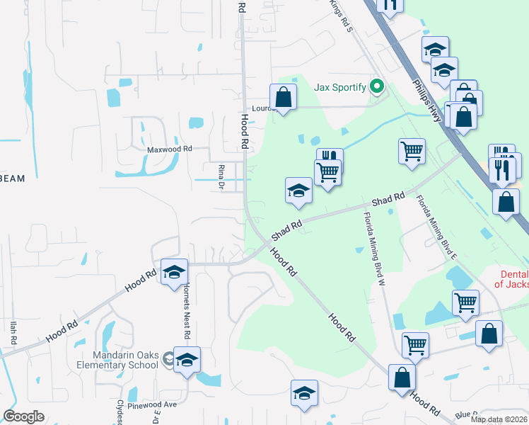 map of restaurants, bars, coffee shops, grocery stores, and more near 5028 Lindion Court in Jacksonville