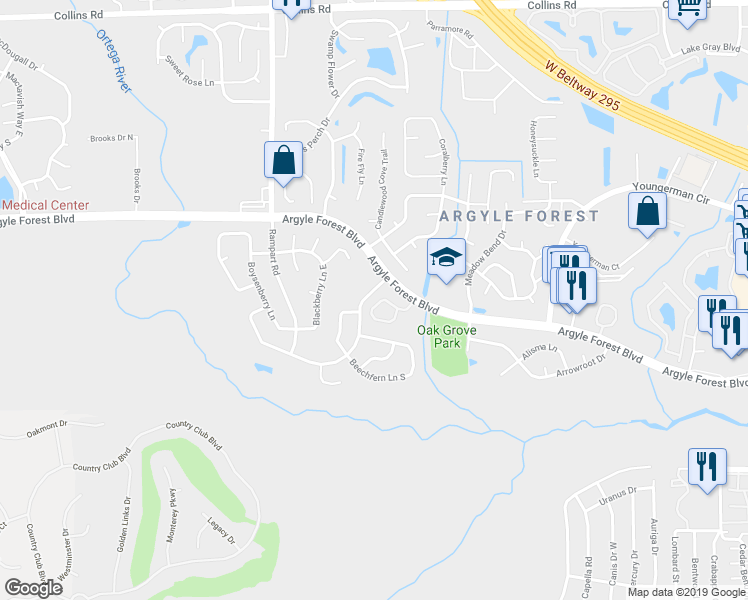 map of restaurants, bars, coffee shops, grocery stores, and more near 7115 Prestwick Circle South in Jacksonville
