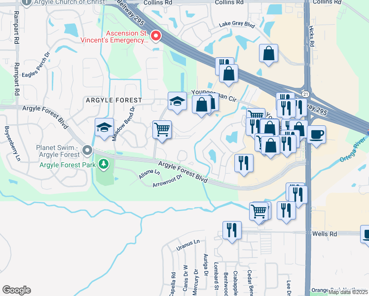 map of restaurants, bars, coffee shops, grocery stores, and more near 8514 Sturbridge Circle West in Jacksonville
