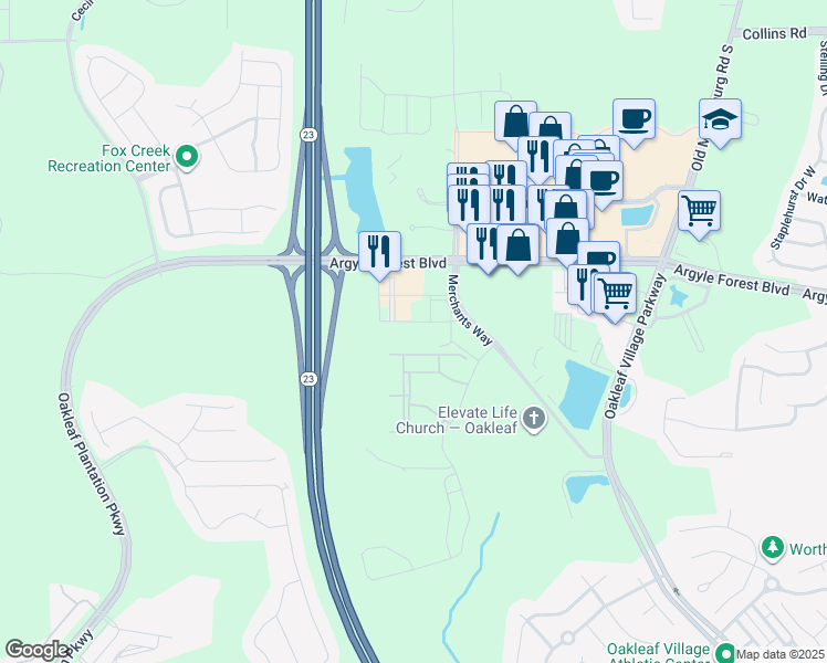 map of restaurants, bars, coffee shops, grocery stores, and more near 8380 Merchants Way in Jacksonville