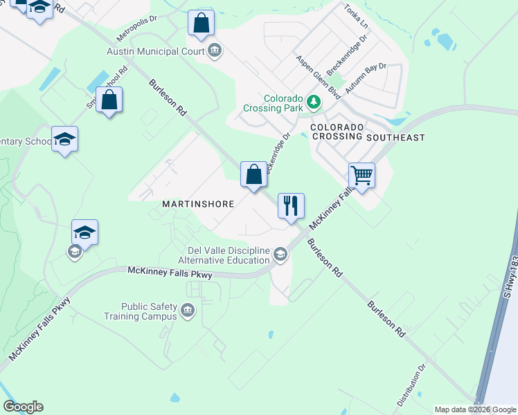 map of restaurants, bars, coffee shops, grocery stores, and more near 7403 Burleson Road in Austin