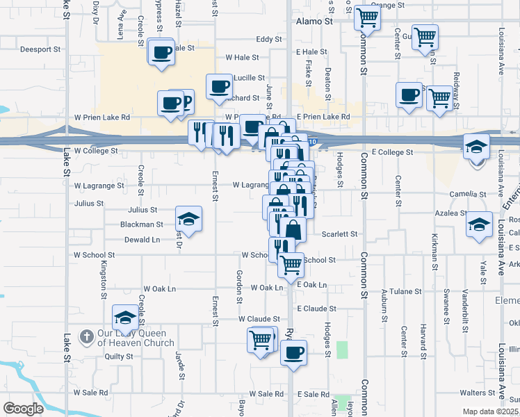 map of restaurants, bars, coffee shops, grocery stores, and more near 200 Brundrette Street in Lake Charles