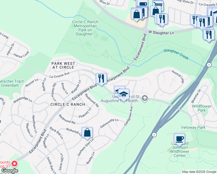 map of restaurants, bars, coffee shops, grocery stores, and more near 5843 Van Winkle Lane in Austin