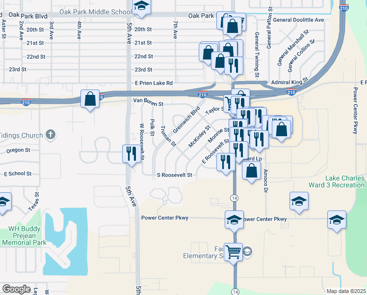 map of restaurants, bars, coffee shops, grocery stores, and more near 3562 McKinley St in Lake Charles