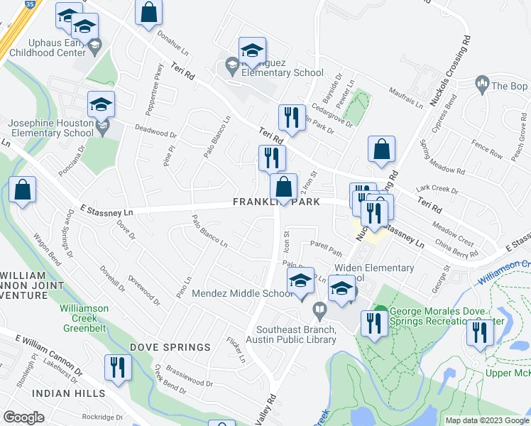 map of restaurants, bars, coffee shops, grocery stores, and more near 4501 East Stassney Lane in Austin