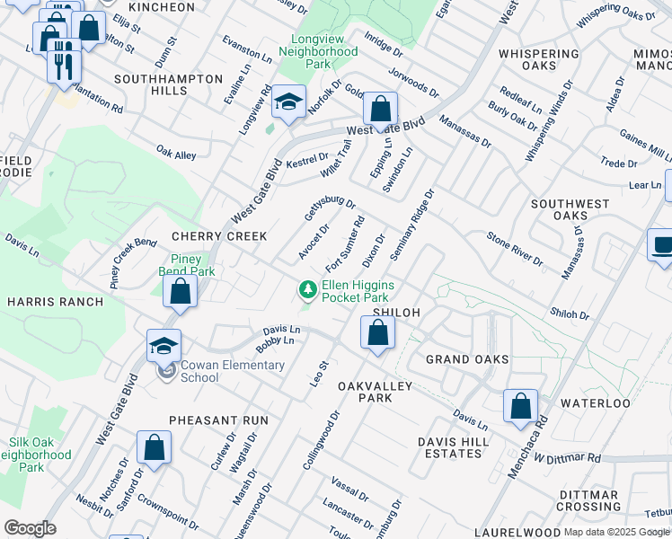 map of restaurants, bars, coffee shops, grocery stores, and more near 8309 Fort Sumter Road in Austin