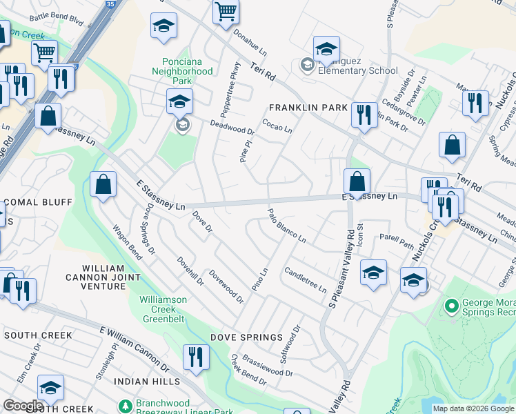map of restaurants, bars, coffee shops, grocery stores, and more near 2429 East Stassney Lane in Austin