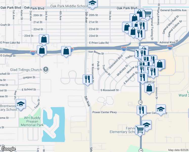 map of restaurants, bars, coffee shops, grocery stores, and more near 3525 West Roosevelt Street in Lake Charles