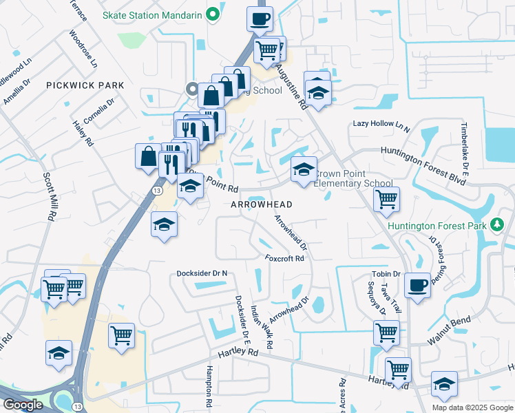 map of restaurants, bars, coffee shops, grocery stores, and more near 10133 Bear Valley Road in Jacksonville