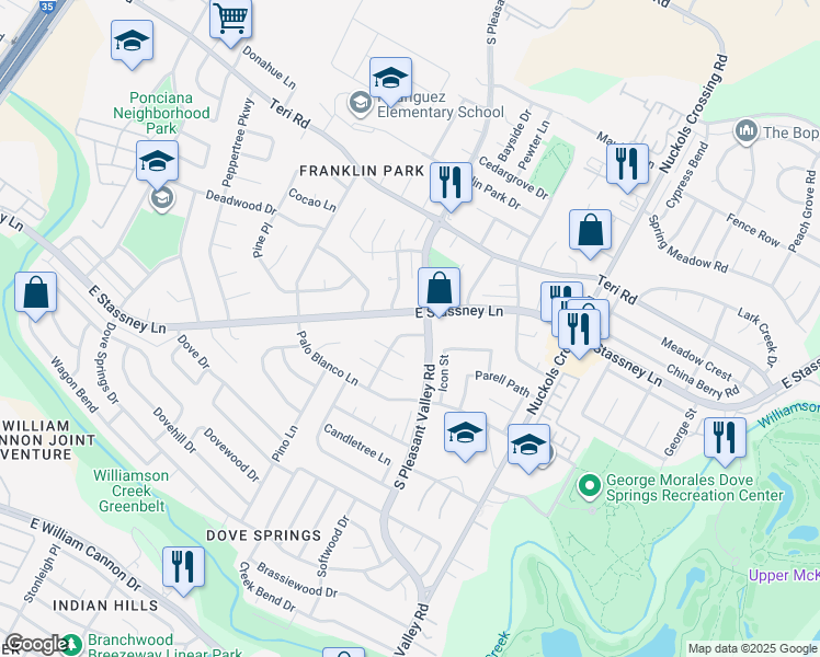 map of restaurants, bars, coffee shops, grocery stores, and more near 5404 Village Lane in Austin