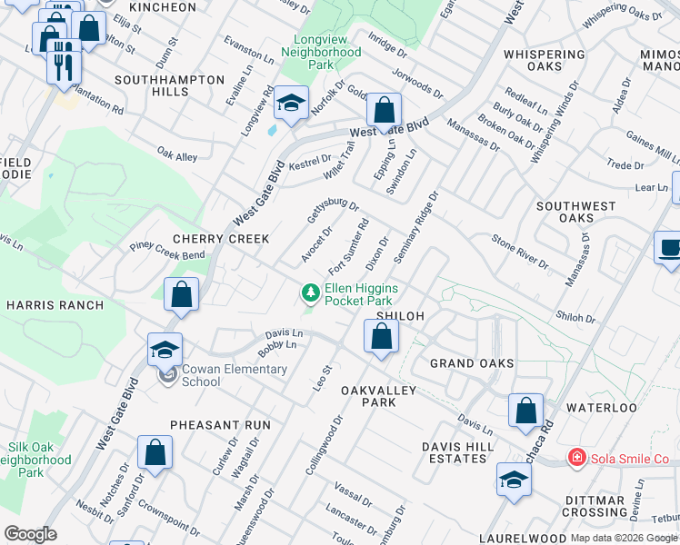 map of restaurants, bars, coffee shops, grocery stores, and more near 8309 Fort Sumter Road in Austin
