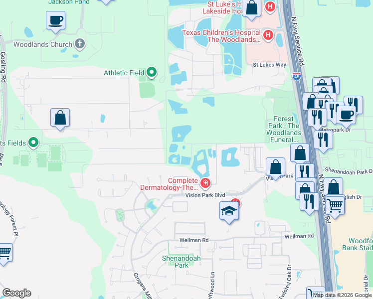 map of restaurants, bars, coffee shops, grocery stores, and more near 18150 Lark Lane in Conroe