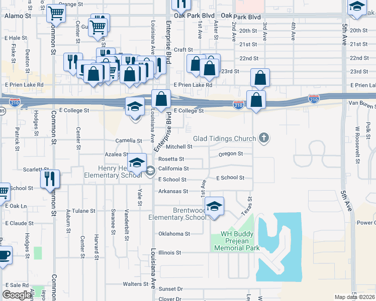 map of restaurants, bars, coffee shops, grocery stores, and more near 1300 Mitchell St in Lake Charles