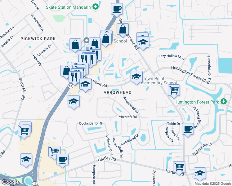 map of restaurants, bars, coffee shops, grocery stores, and more near 10133 Bear Valley Road in Jacksonville