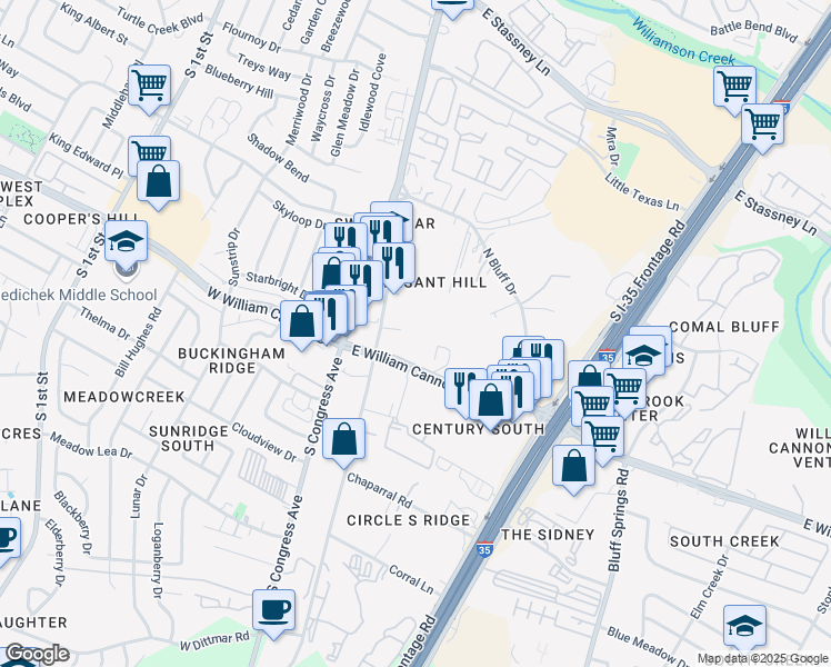 map of restaurants, bars, coffee shops, grocery stores, and more near 304 East William Cannon Drive in Austin