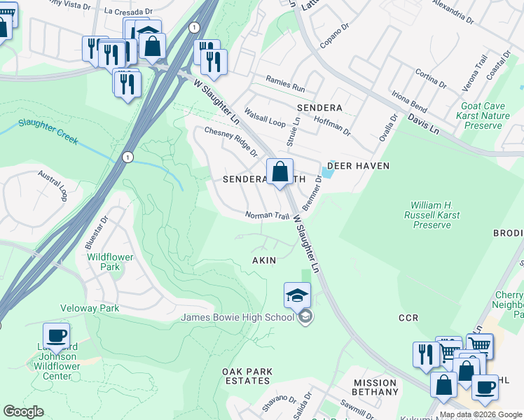 map of restaurants, bars, coffee shops, grocery stores, and more near 4409 Chickasaw Court in Austin
