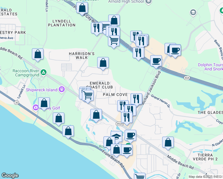 map of restaurants, bars, coffee shops, grocery stores, and more near 11727 Seashore Lane in Panama City Beach