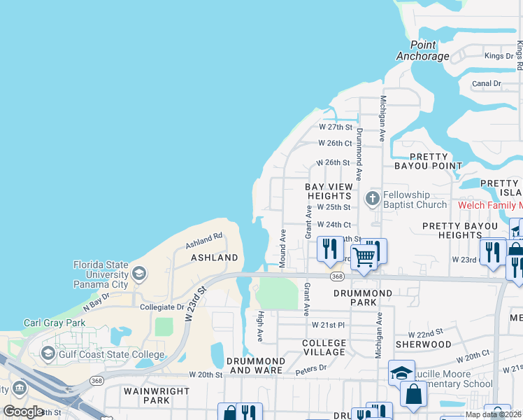 map of restaurants, bars, coffee shops, grocery stores, and more near 4498 West 25th Street in Panama City