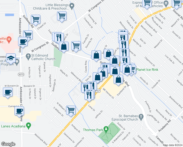 map of restaurants, bars, coffee shops, grocery stores, and more near 113 Elm Drive in Lafayette