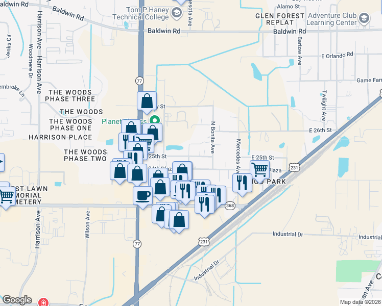 map of restaurants, bars, coffee shops, grocery stores, and more near 903 East 25th Street in Panama City