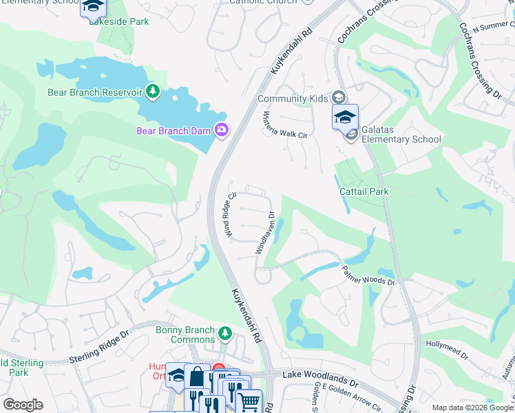 map of restaurants, bars, coffee shops, grocery stores, and more near 10 Hillside View Place in Spring