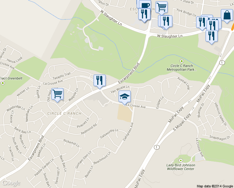 map of restaurants, bars, coffee shops, grocery stores, and more near 10305 Van Winkle Court in Austin