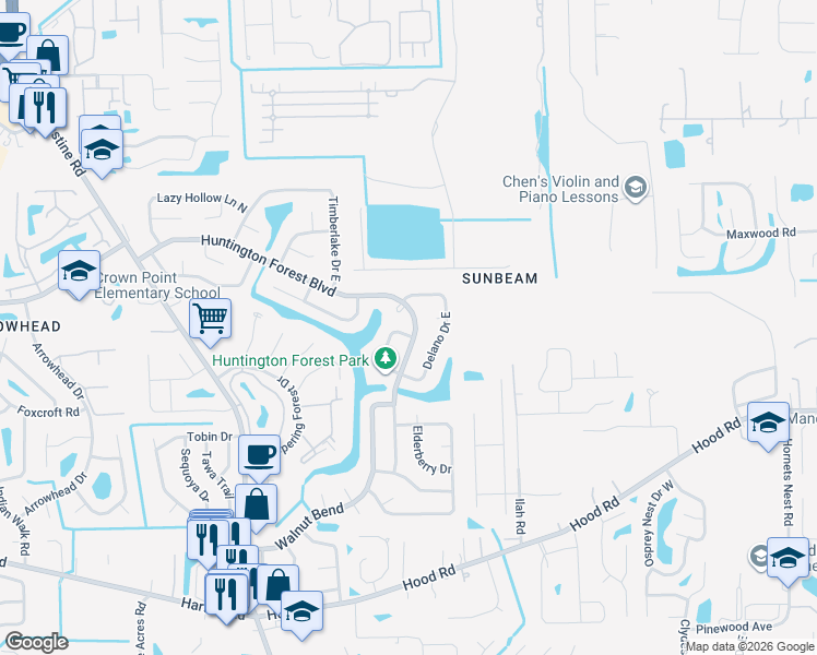 map of restaurants, bars, coffee shops, grocery stores, and more near 10038 Huntington Forest Boulevard East in Jacksonville