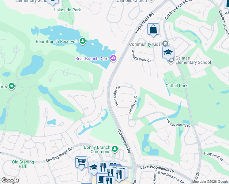 map of restaurants, bars, coffee shops, grocery stores, and more near 104 Wind Ridge Circle in Spring