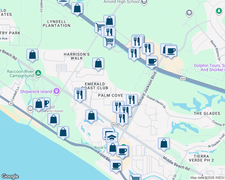 map of restaurants, bars, coffee shops, grocery stores, and more near 11713 Cabana Court in Panama City Beach