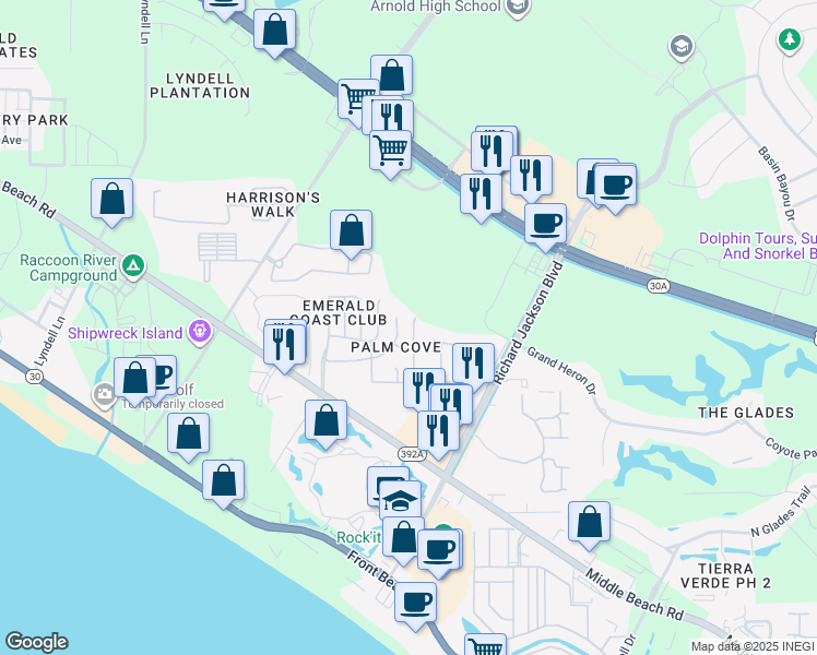 map of restaurants, bars, coffee shops, grocery stores, and more near 153 Seagrass Way in Panama City Beach