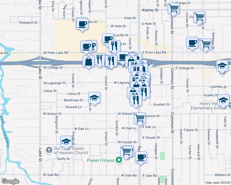 map of restaurants, bars, coffee shops, grocery stores, and more near 216 Brundrette Street in Lake Charles