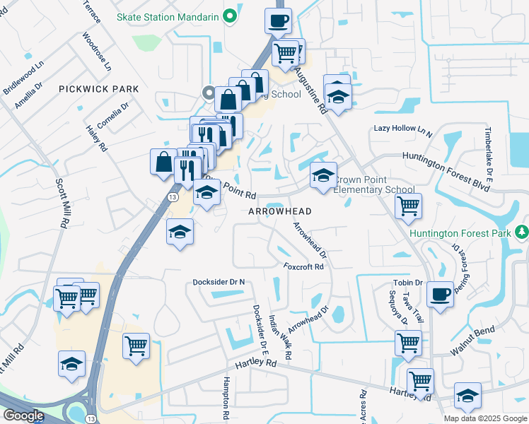 map of restaurants, bars, coffee shops, grocery stores, and more near 10133 Bear Valley Road in Jacksonville