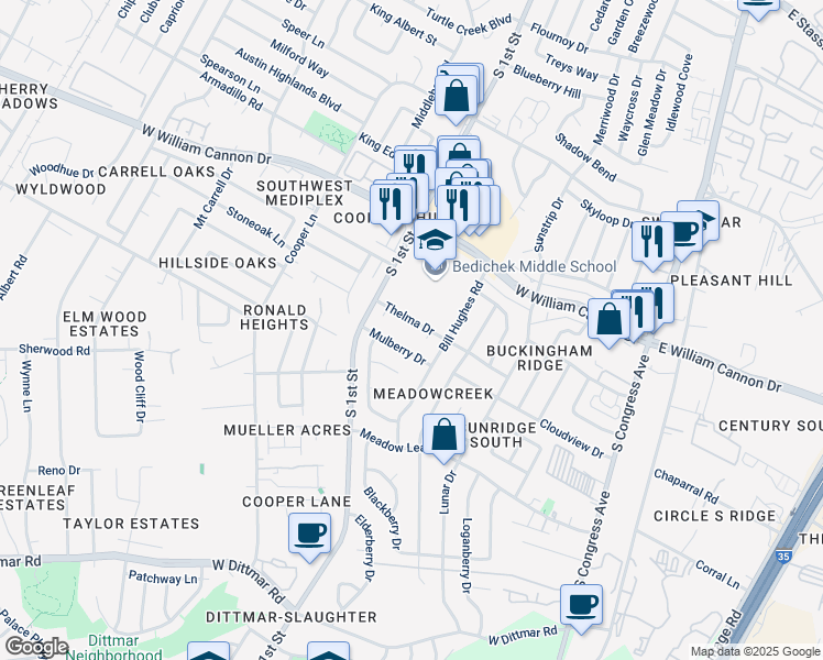 map of restaurants, bars, coffee shops, grocery stores, and more near 503 Thelma Drive in Austin