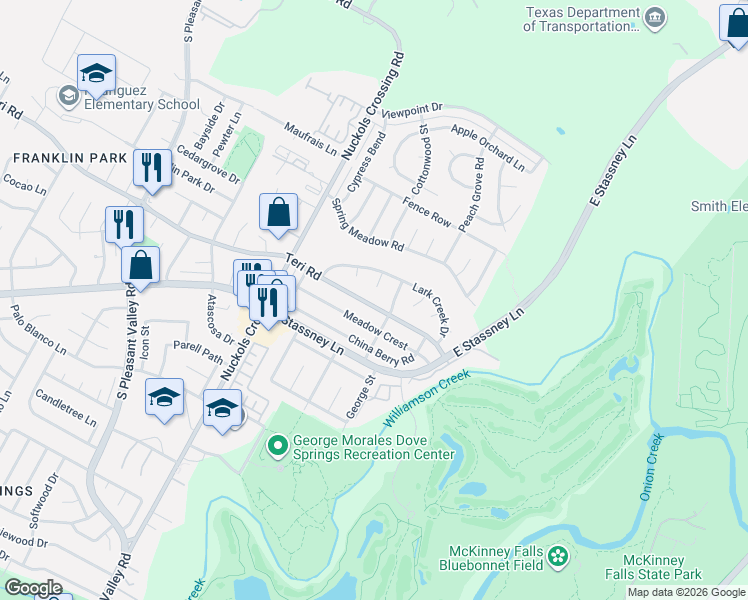 map of restaurants, bars, coffee shops, grocery stores, and more near 5604 Teri Road in Austin