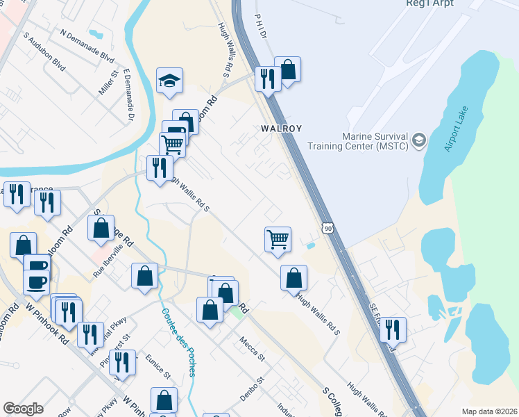 map of restaurants, bars, coffee shops, grocery stores, and more near 118 New Center Drive in Lafayette