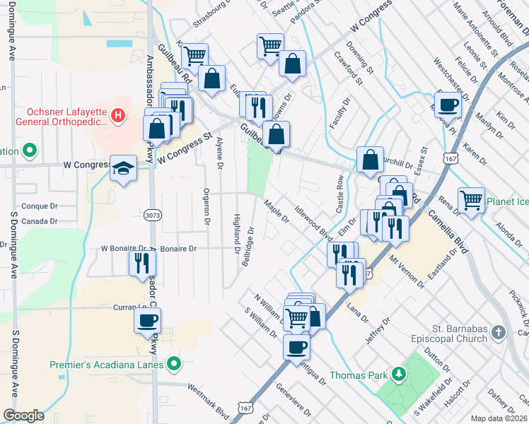 map of restaurants, bars, coffee shops, grocery stores, and more near 200 Cottonwood Drive in Lafayette