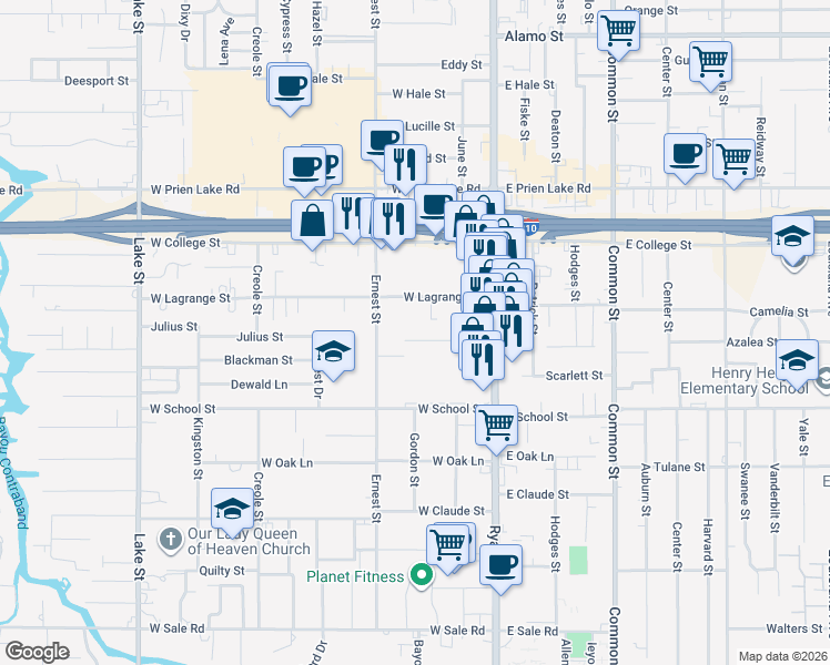 map of restaurants, bars, coffee shops, grocery stores, and more near 216 Brundrette Street in Lake Charles