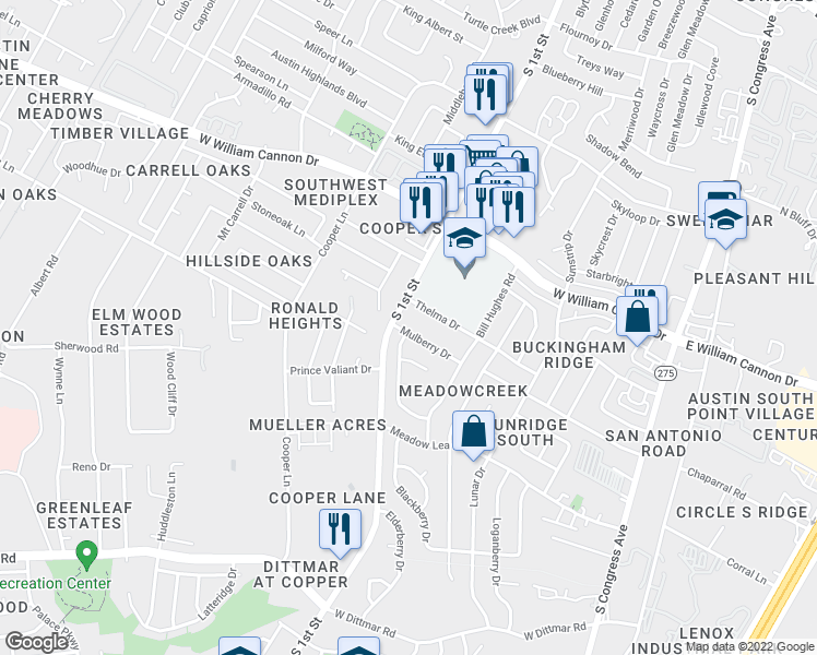 map of restaurants, bars, coffee shops, grocery stores, and more near 602 Mulberry Drive in Austin