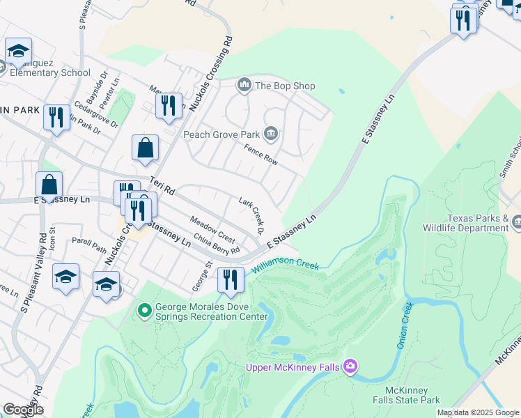 map of restaurants, bars, coffee shops, grocery stores, and more near 5708 Lark Creek Drive in Austin