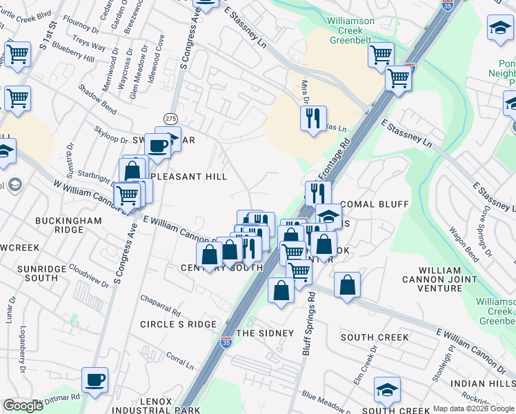 map of restaurants, bars, coffee shops, grocery stores, and more near 814 North Bluff Drive in Austin