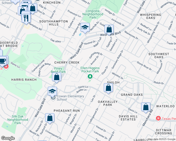 map of restaurants, bars, coffee shops, grocery stores, and more near 8407 Avocet Drive in Austin