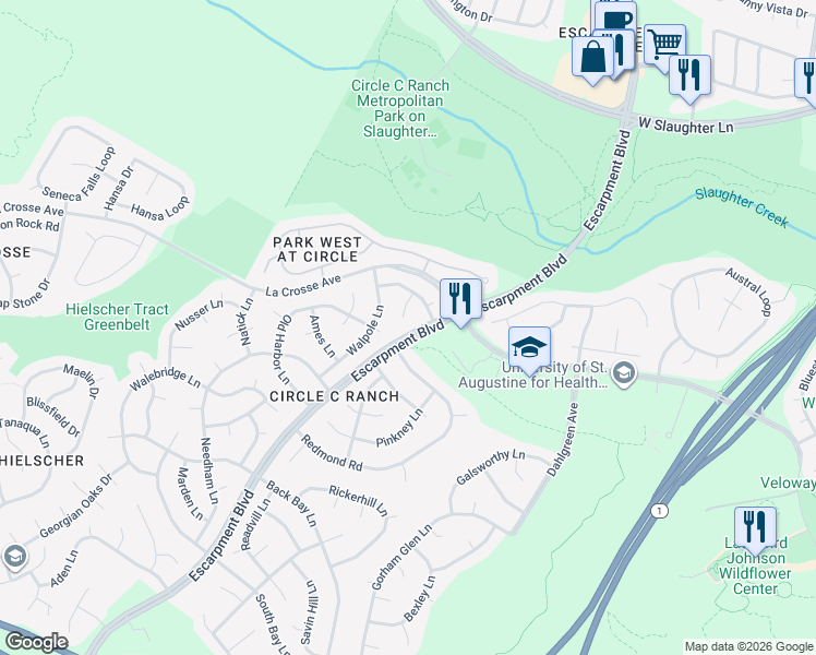map of restaurants, bars, coffee shops, grocery stores, and more near 10411 Dedham Court in Austin